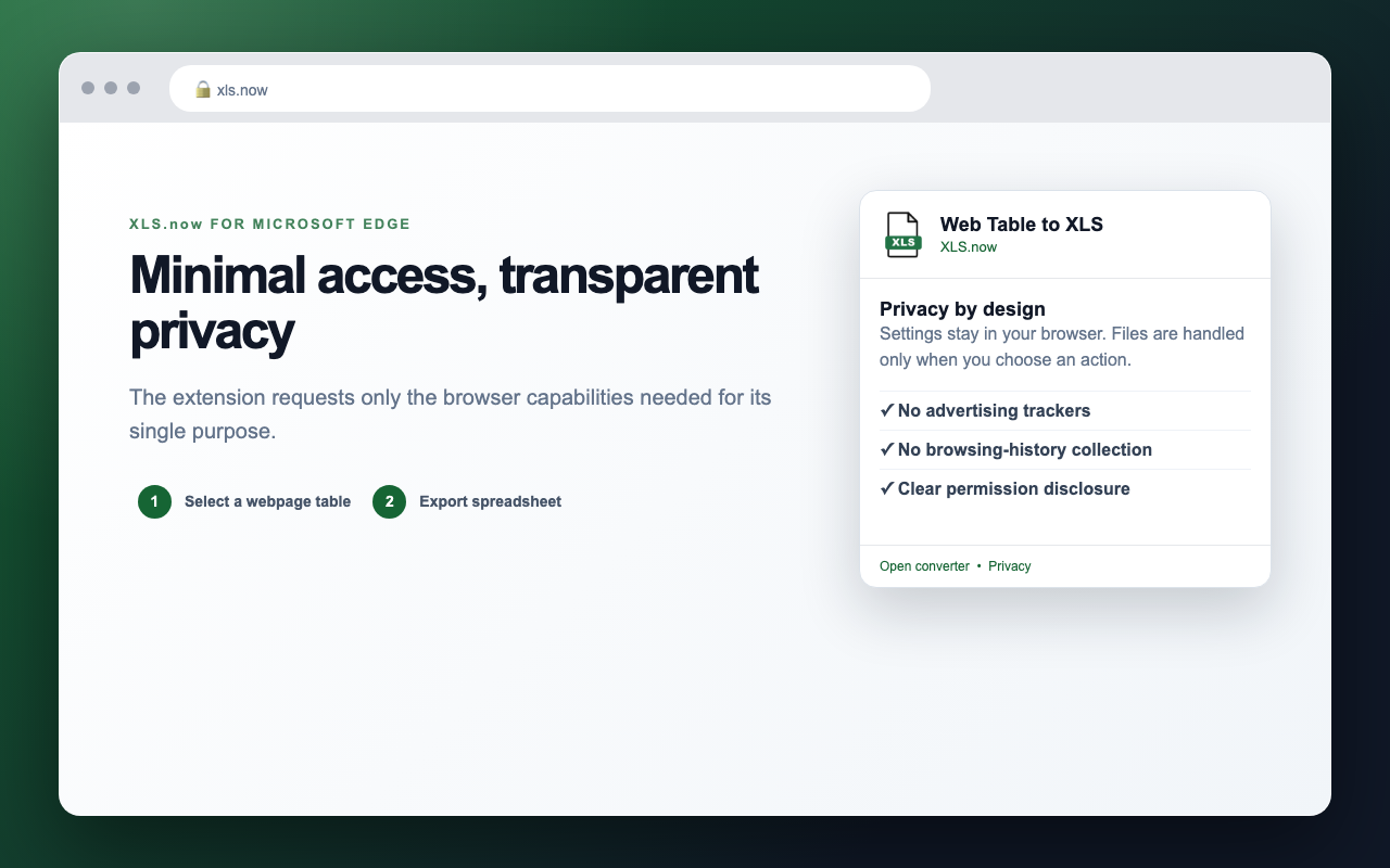 Web Table to XLS privacy details